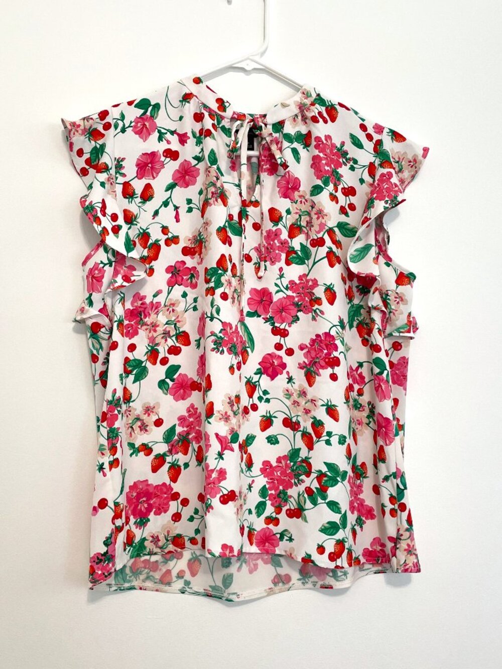 ANN TAYLOR Floral Mixed Media Ruffle Sleeve Tie Neck Shell Top White Strawberry - Picture 2 of 16